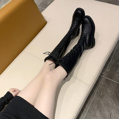 Women's Autumn Boots Lace-up High-Top Martin Women's Boots Not Over The Knee Boots Small Girls Cavalier Boots