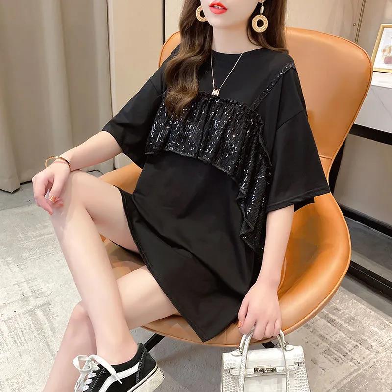 Shiny Sequins Women summer Dress Girl Loose O-Neck short Sleeve Casual Long T-shirt Dress Loose