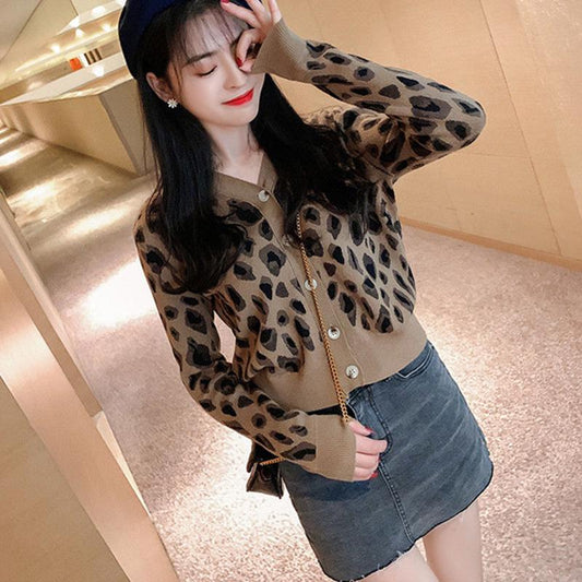 Spring and Autumn Leopard Print Knit Thin Jacket Slim Short Knit Casual Blouse