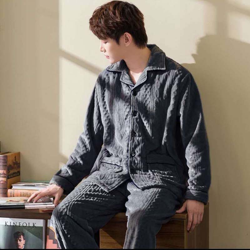 Coral Fleece Pajamas Men's Autumn and Winter Thickening Plus Fleece Young and Middle-aged Long-sleeved Cardigan Home Service Suit