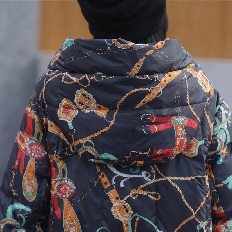 Long Down Jacket Fashion Literary Print Hooded Cotton Jacket Lengthened Thick Loose Plus Size Windbreaker Jacket