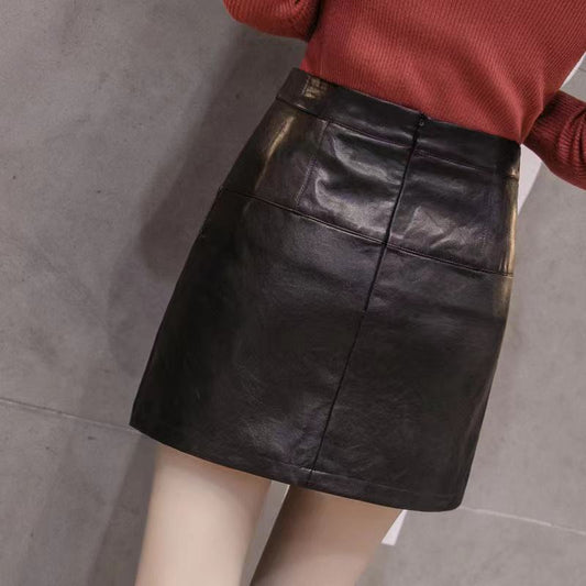 Autumn and Winter Small Leather Skirt Half-length Skirt  High Waist Ruffled Pu Leather Skirt  Short Skirt, Fishtail Bag Hip Skirt