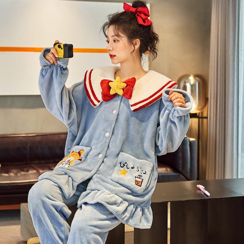 Pajamas Women Autumn Winter Sleepwear Coral Fleece Velvet Thickening Flannel Warm Nightwear Long Sleeve Loose Top Pant Set Cartoon Cute Home Wear Suit