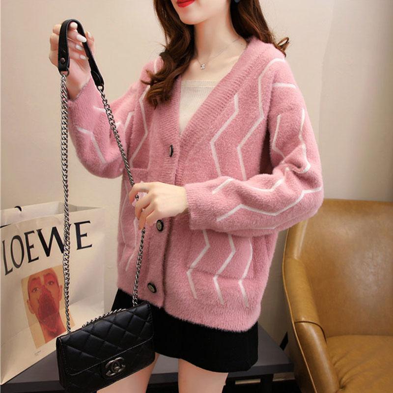 Autumn and Winter Mohair Cardigan Jacket Wild Loose Casual Sweater V-neck Knitted Female Top
