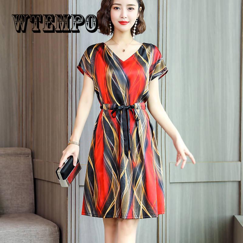 Simulation Silk Dress Female Long Short Sleeve Summer New Small Stripe Imitation Silk Print Dresses