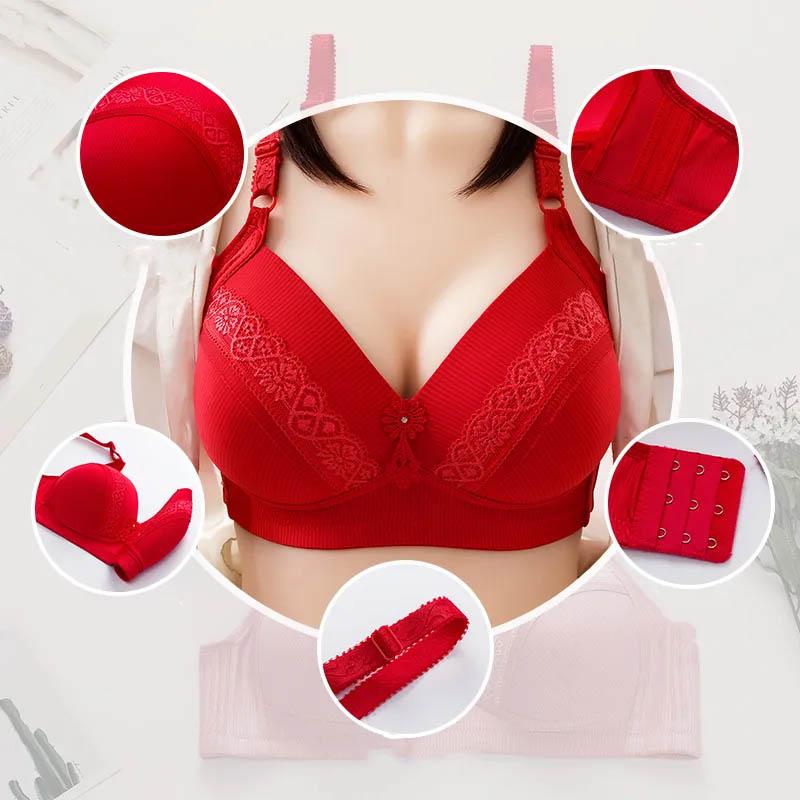 Large Size No Steel Ring Full Cup Cotton Lace Jacquard Thin Bra Gathering Sexy Breathable Sweat-absorbing Adjustable Shaping Bra