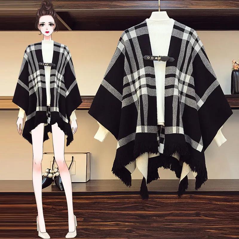 Loose Shawl Cloak Wear on Both Sides, Outer Cardigan Jacket Knitted Sweater Women's Temperament Shawl Cloak Sweater Plaid Cardigan