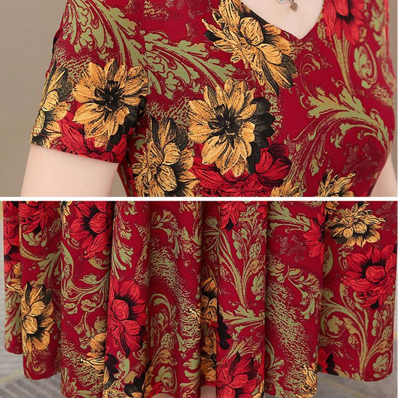 Summer Women's Short-sleeved Women's Dress V-neck Printed Long Dress Slim Fit Thin Large Swing Dress A-line Waist Dress Rice Fabric Is Soft and Light