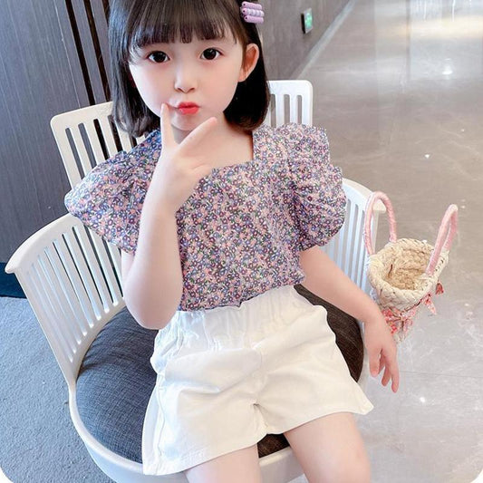 2PCS Children Clothing Set Summer Girls Girls' Floral Suit Thin Flying Sleeve T-shirt Shorts Korean Two Piece Set