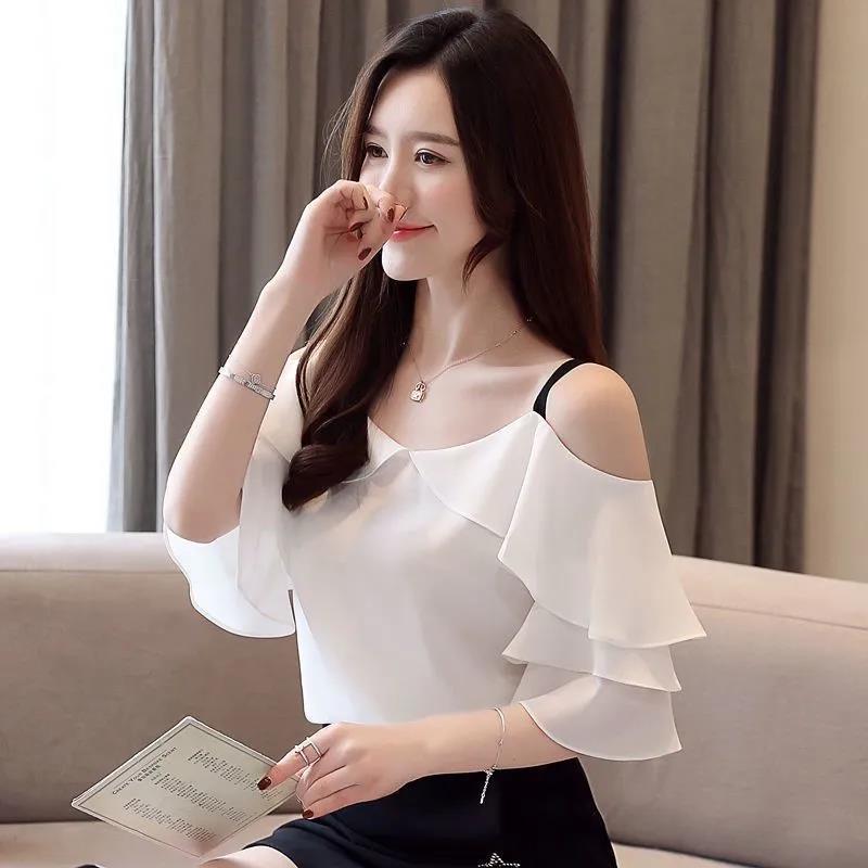 Sweet Temperament Short-sleeved Ruffled Women's Collar Off-shoulder Top Ladies Temperament Chiffon Shirt Bottoming Shirt
