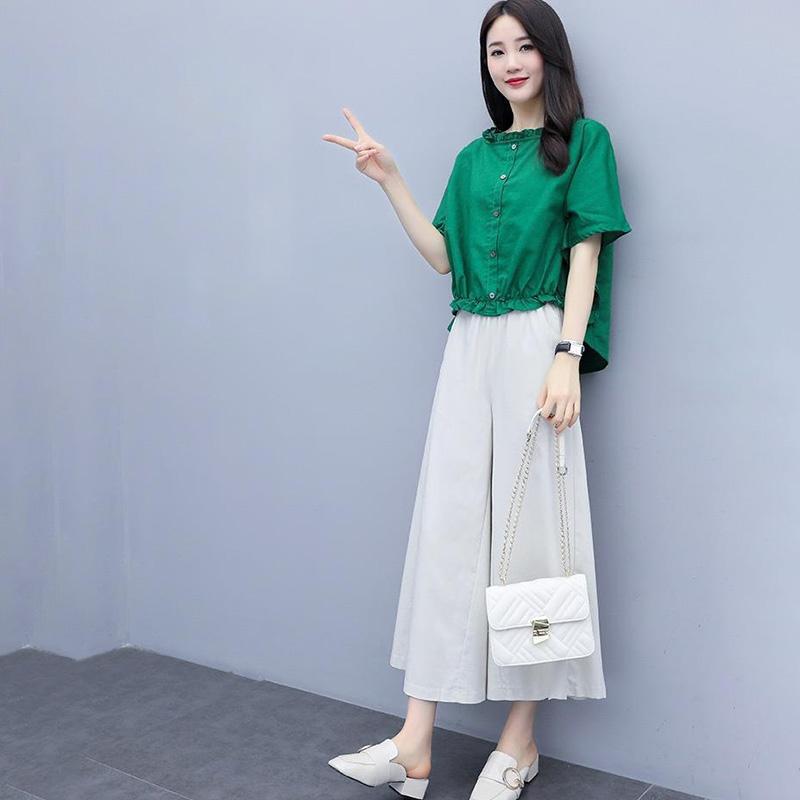 Cotton and Linen Large Size Loose Round Neck Short-sleeved Shirt Casual Wide-leg Pants Two-piece Fabric Lightweight Breathable Large Size Ladies Suit