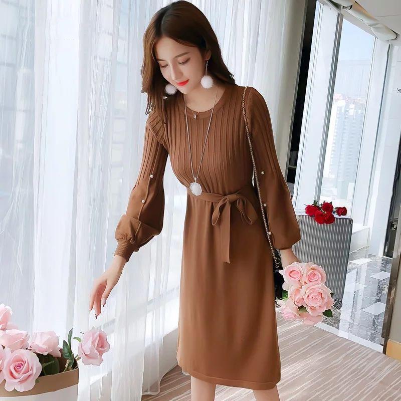 Autumn and Winter Long Solid Color Sweater Knitted Lantern Sleeve Dress Fashion Simple Women Sweater Dress