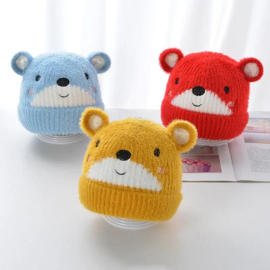 Cute 3D embroidered bear ears baby hat autumn and winter cartoon baby wool hat double layer warm children soft and comfortable hat 8M to 3Y
