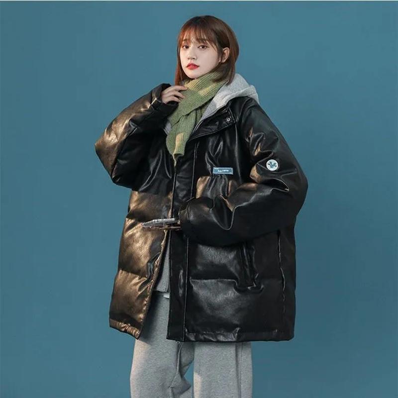 Winter Fake Two-piece Pu Leather Cotton Coat Loose Bread Coat Korean Version Cotton Coat Women's Cotton Jacket Warm Casual Coat Top Outdoor Jacket