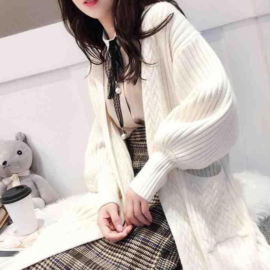 Spring and Autumn Loose Cardigan Sweater Mid-length Knitted Thicken Top Fashion Simple Female Jacket