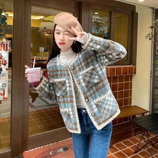 Temperament Lady Short Coat Female Slim All-match Plaid Small Fragrance Temperament Woolen Top Ladies Long-sleeved Coat