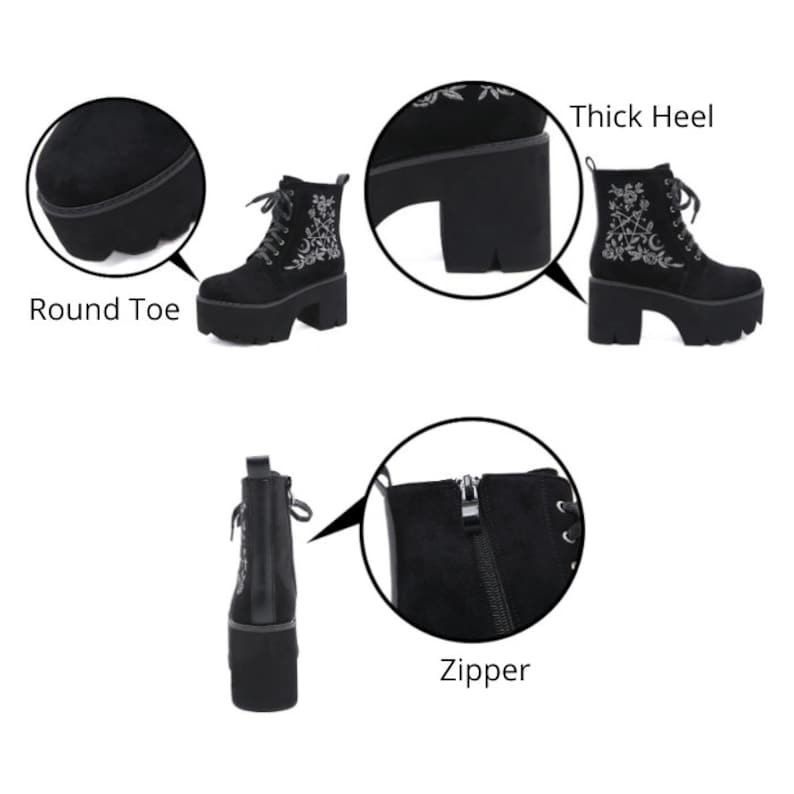 Gothic Boots Women - Goth Black Shoes - Gothic Punk Platform Shoes - Lace Up Back Zipper Boots - Witch Pentagram Moon Embroidery Design