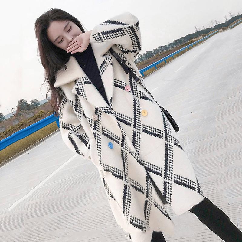 Women's Coat Stripe Placket Decorated Long Plaid Wool Coat Women Winter Jacket Overcoat