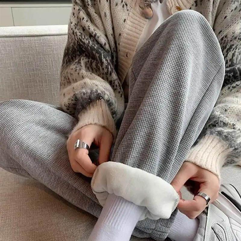 Waffle Pants Women's Autumn and Winter Plus Velvet Thickening Small Foot Pants Sports Loose Leisure Students Can Not Afford To Play