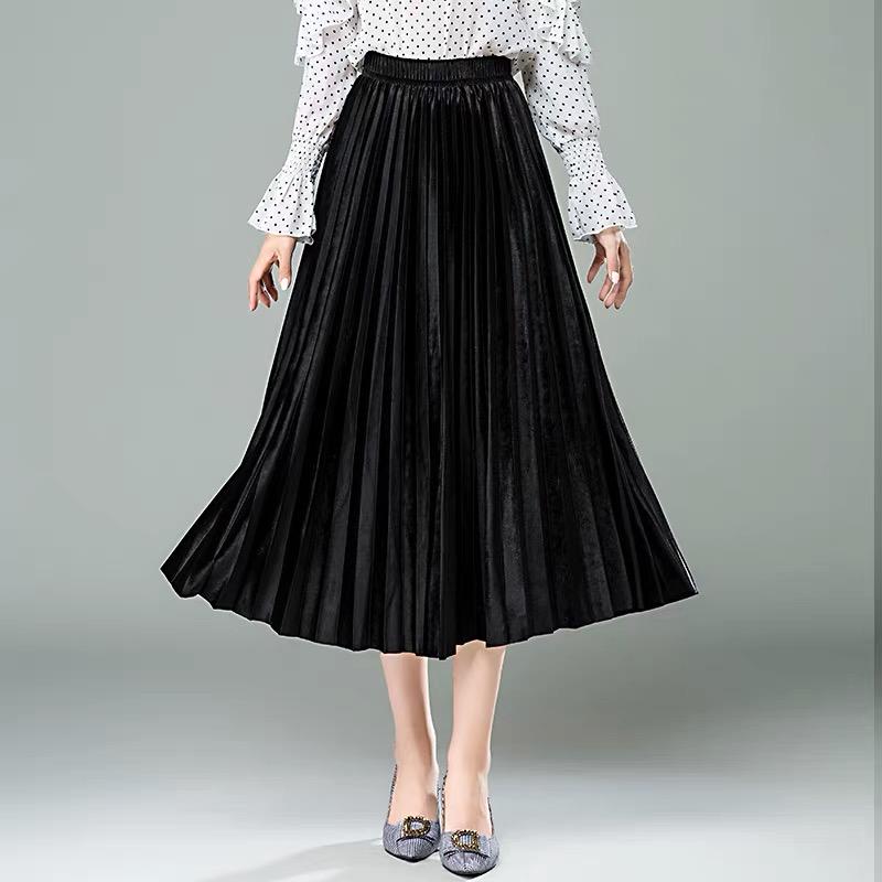 Spring Women Long Metallic Silver Pleated Skirt Midi Skirt High Waist Elascity Casual Skirt Vintage