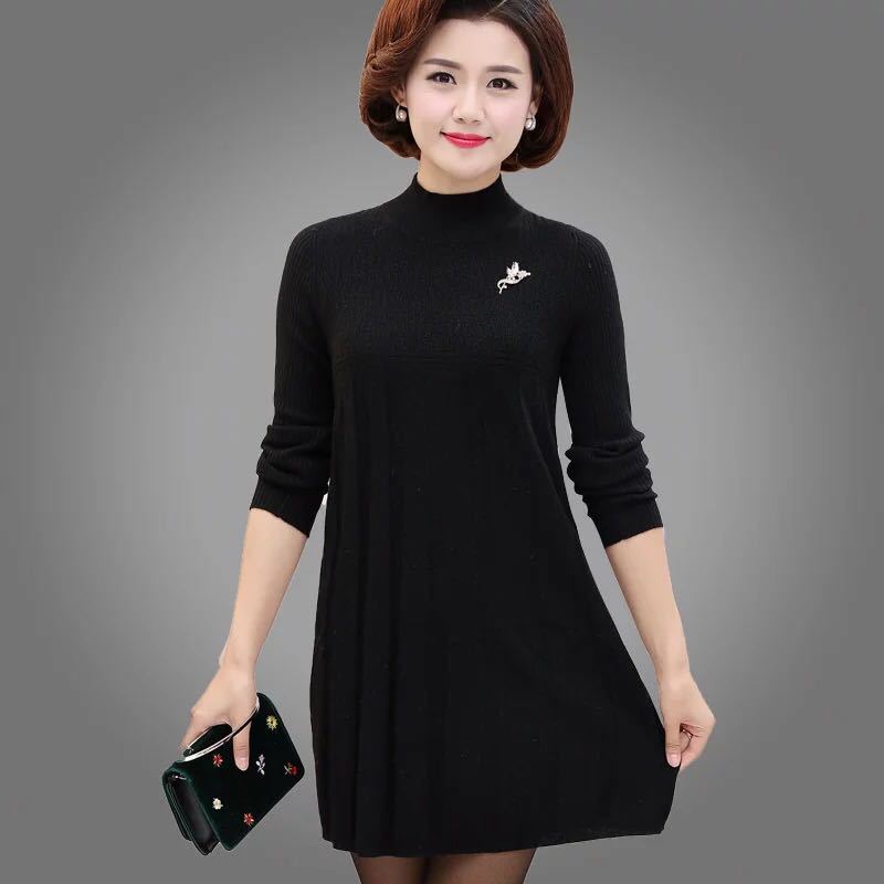 Autumn and Winter Loose Mid-length Dress Half High Neck Knitted Casual Bottoming Shirt Middle-aged Women Sweater Dress