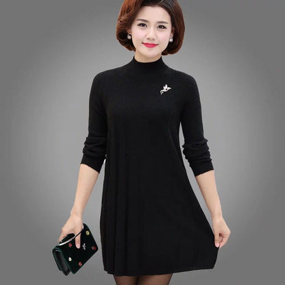 Autumn and Winter Loose Mid-length Dress Half High Neck Knitted Casual Bottoming Shirt Middle-aged Women Sweater Dress