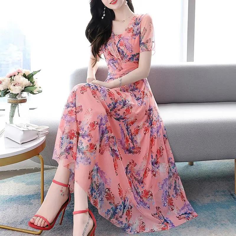 High-end Large Size Dress Ice Silk Fairy Skirt Sweet Floral Temperament Chiffon Summer Dress Waist Thin Fabric Light and Breathable