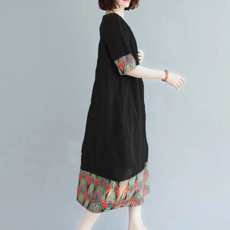 L-XXXXL Summer Mid-length Plus Size Over-the-knee Dress Round Neck Short Sleeve  A-line Dress