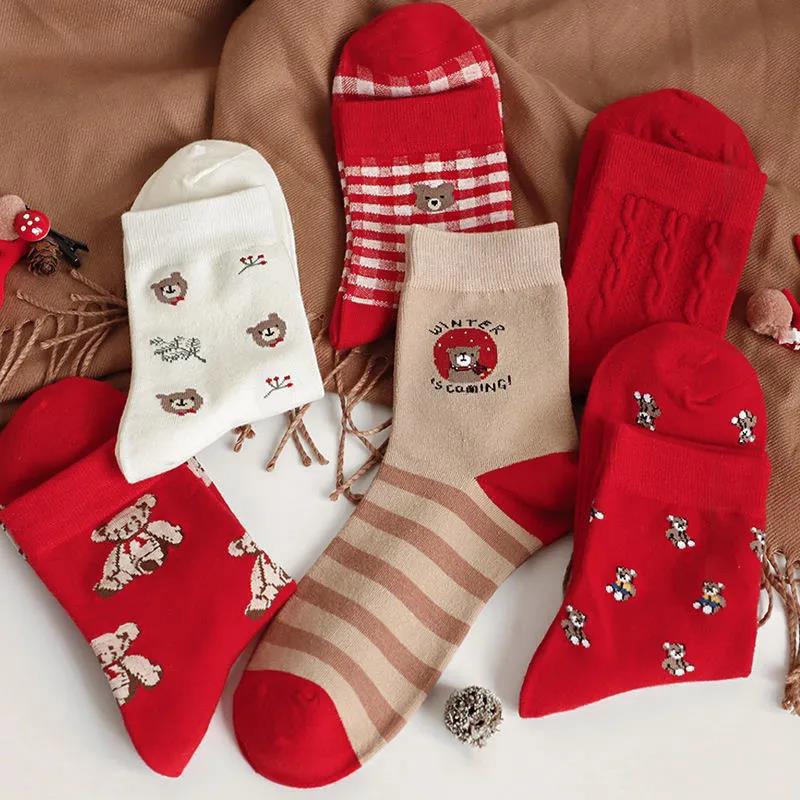 Socks Winter Christmas Elk Tree Pattern Thicken Warm Women's Red Pure Cotton Cute Stockings