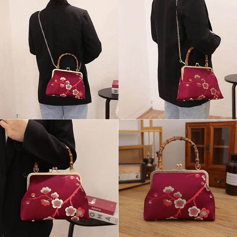 Ethnic Style Women Silk Flowers Printing Handbag Messenger Dual Purpose Exquisite Elegant Doctor Bag