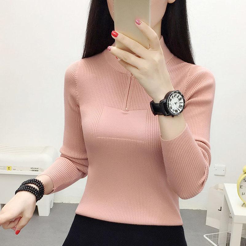 Autumn and Winter Knitted Solid Color Bottoming Shirt Zipper Short Slim Top Long Sleeve Simple Female Sweater
