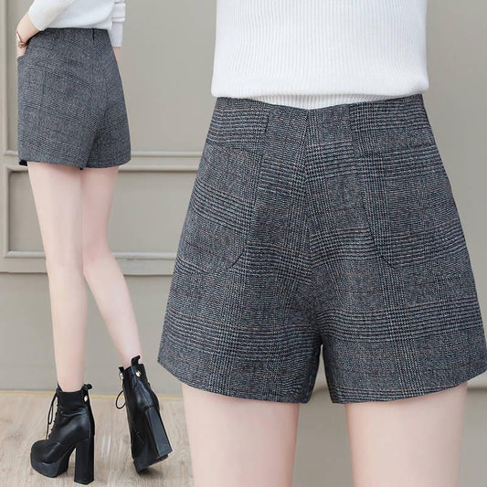 Vintage Woolen Shorts Women High Waist Leg Shorts with Belt Elegant Plus Size Short Femme