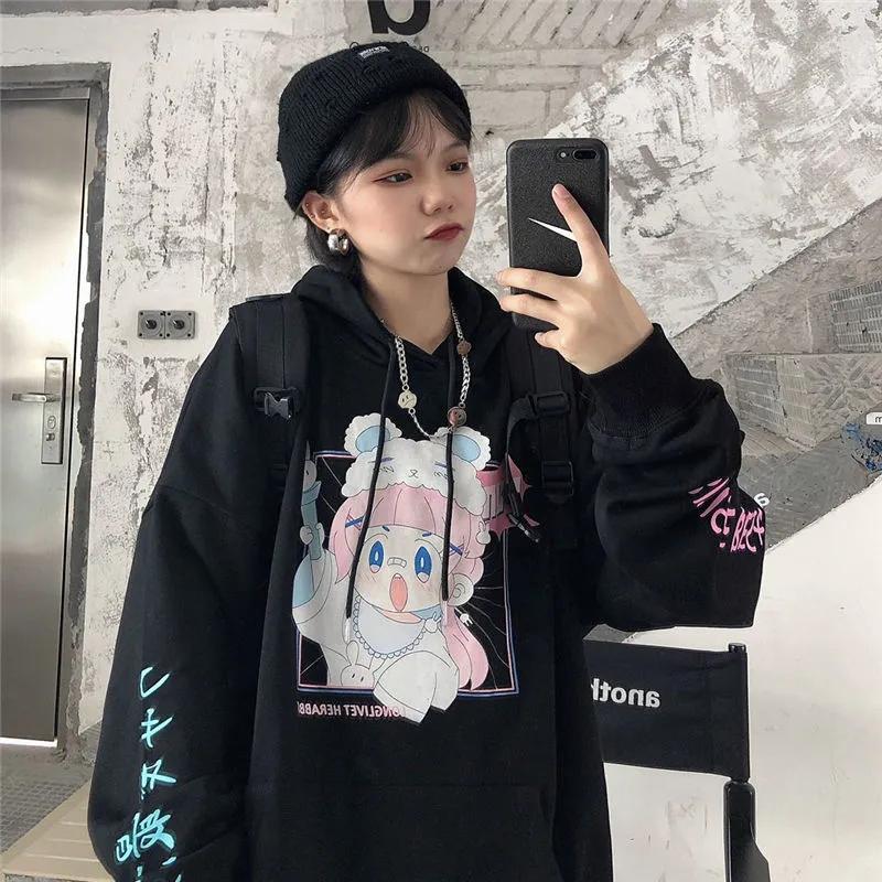 Japan Anime Sweatshirts Women White Hooded Tops Fashion Pullovers Hoodies Fall Winter Thick Fleece Harajuku Hoodies Ladies Casual Clothes Clothes