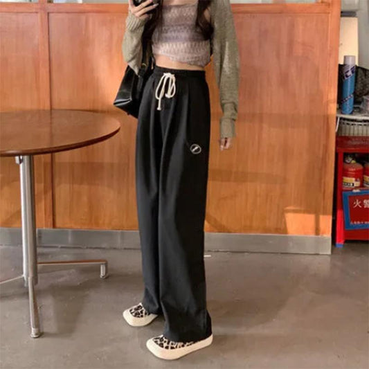 Drawstring Sports Pants Women's Spring and Summer High Waist Straight Loose Drape Pants Casual Lazy Wind Wide Leg Pants