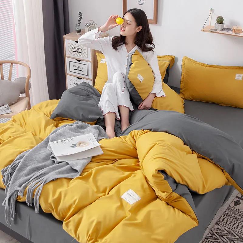 Simple Japanese-style Solid Color Washed Cotton Four-piece Fashion Color Matching Bedding Student Dormitory Bedding