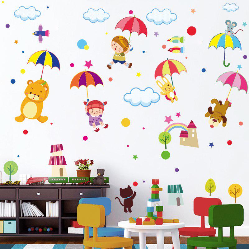[Wall sticker ]Diy Cartoon Animal With Umbrella Wall Decals Star Tree Forest Wall Stickers For Kids