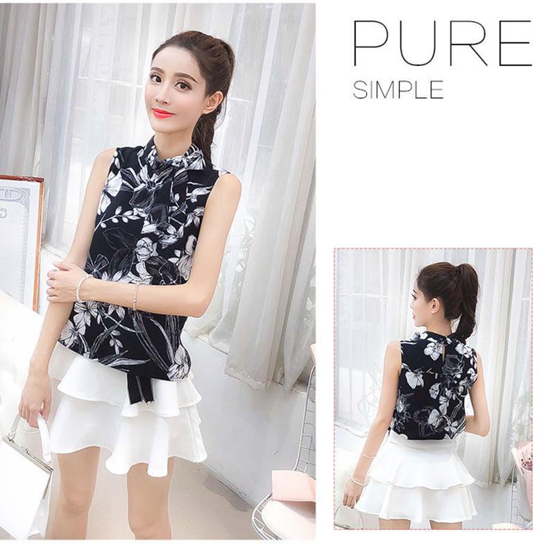 Pofulove Summer Skirt Set Sleeveless Mandarin Collar Blouse Shirt Ruffled Skirt Two-piece Suit Women