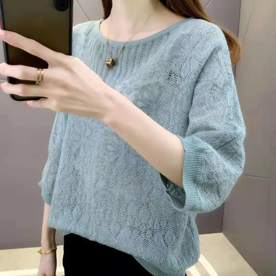 Spring and Summer Women's Round Neck Fashion Loose Knitted Bottoming Shirt Top Thin Hollow Short-sleeved T-shirt