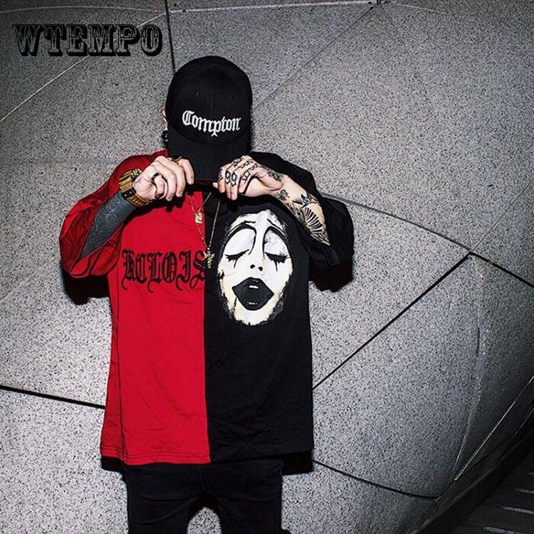 Black and Red Stitching Print Short-sleeved T Shirt Women Embroidery Hit Color Couple