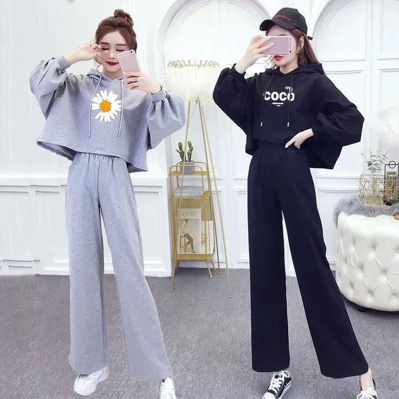 Hooded Long-sleeved Loose Warm Hoodie + Wide-leg Trousers Casual Two-piece Women's Thin Suit Is Simple Lightweight and Comfortable