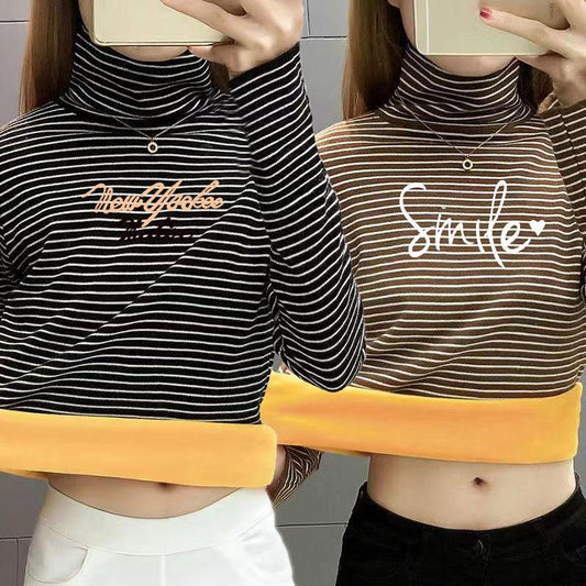 Thicken Plus Velvet Thermal Clothing Women's Underwear Tight-fitting High-neck Striped Winter Bottoming Shirt One-piece Gold Velvet Top