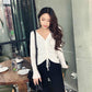 Pofulove Autumn Winter V-neck Slim Joker Long Sleeve Short Sweater Drawstring Knit Sweater Women