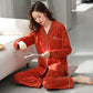 Women's Spring Cotton Pajamas Set Long Sleeve Loose Korean Heart Printing Casual Sweet Home Wear Two Piece Set Lapel Collar Button Sleeping Suit