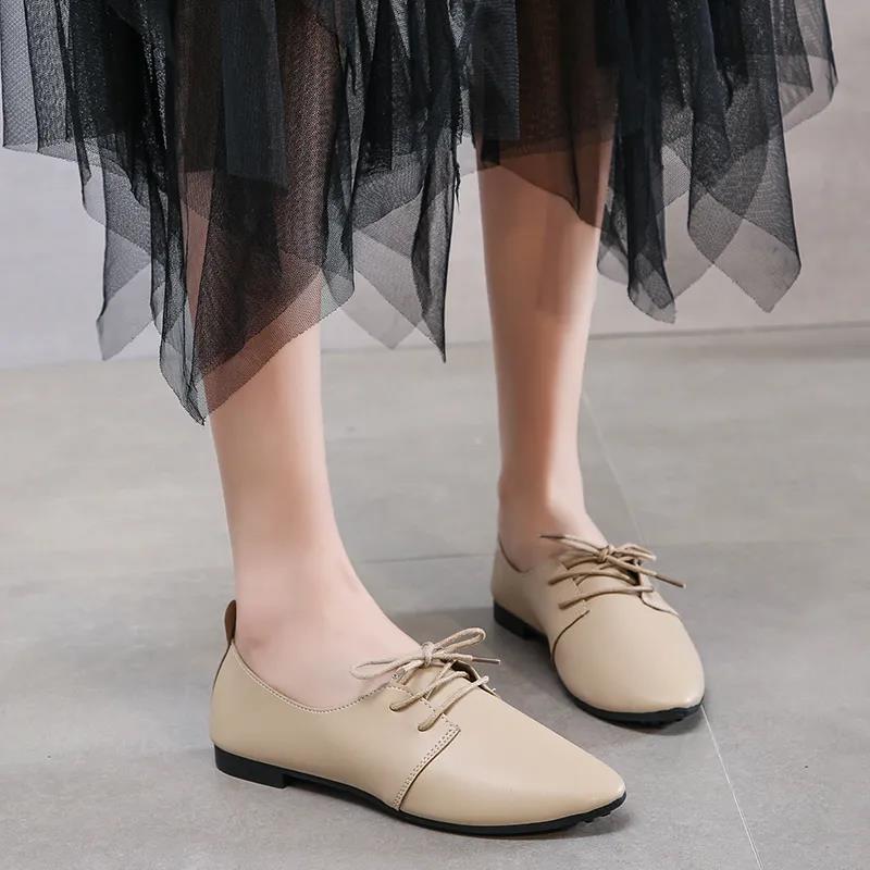 Women's Flat Shoes Solid Color Spring and Autumn Single Shoes Lace Up Casual Non-slip Women's Shoes