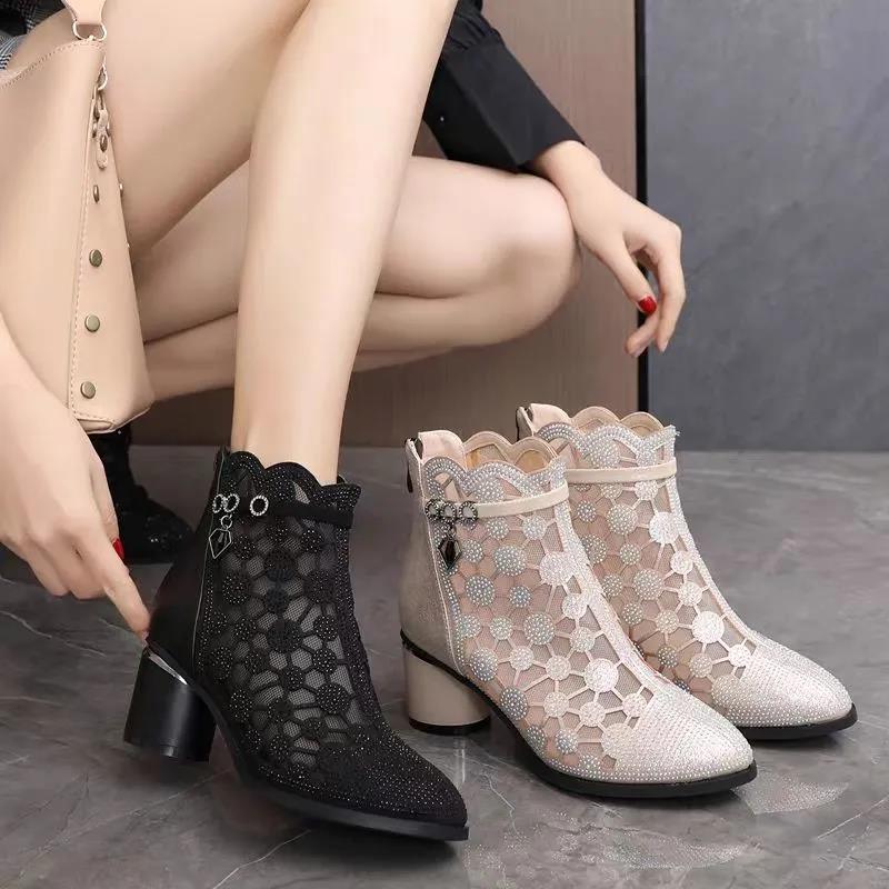 Sandals Women's Mesh Cool Boots All-match Hollow Rhinestone Breathable Thick-heeled Ankle Boots Women's Black High-heeled Boots