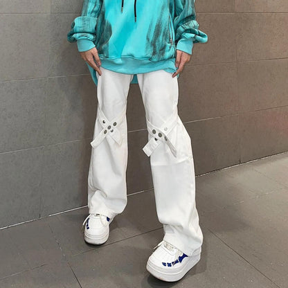 American High Street Tidal Card Gradient Straps Jeans Women Loose High Waist Wild Long Pants INS Tide