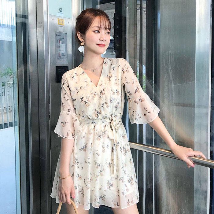 Pofulove Plus Size Women Summer Floral Chiffon Dress Slim Short Dress Over The Knee Sexy Dress