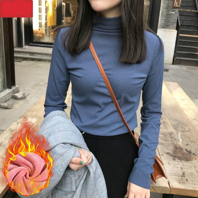 Pofulove Warm Sweater Turtleneck Bottoming Shirt Women Winter Plus Velvet Solid Slim Thicken