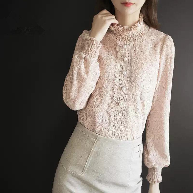 Pink Thick Shirt Wild Lace Bottoming Shirt Women's Inner Mesh Collar Blue Crochet Lace Shirts