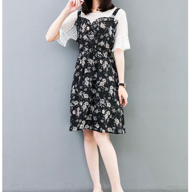 Bohemian Floral  Dress Plus Size Women Summer Slim Flare Sleeve Dress Midi Dress Fake Two-piece Dress